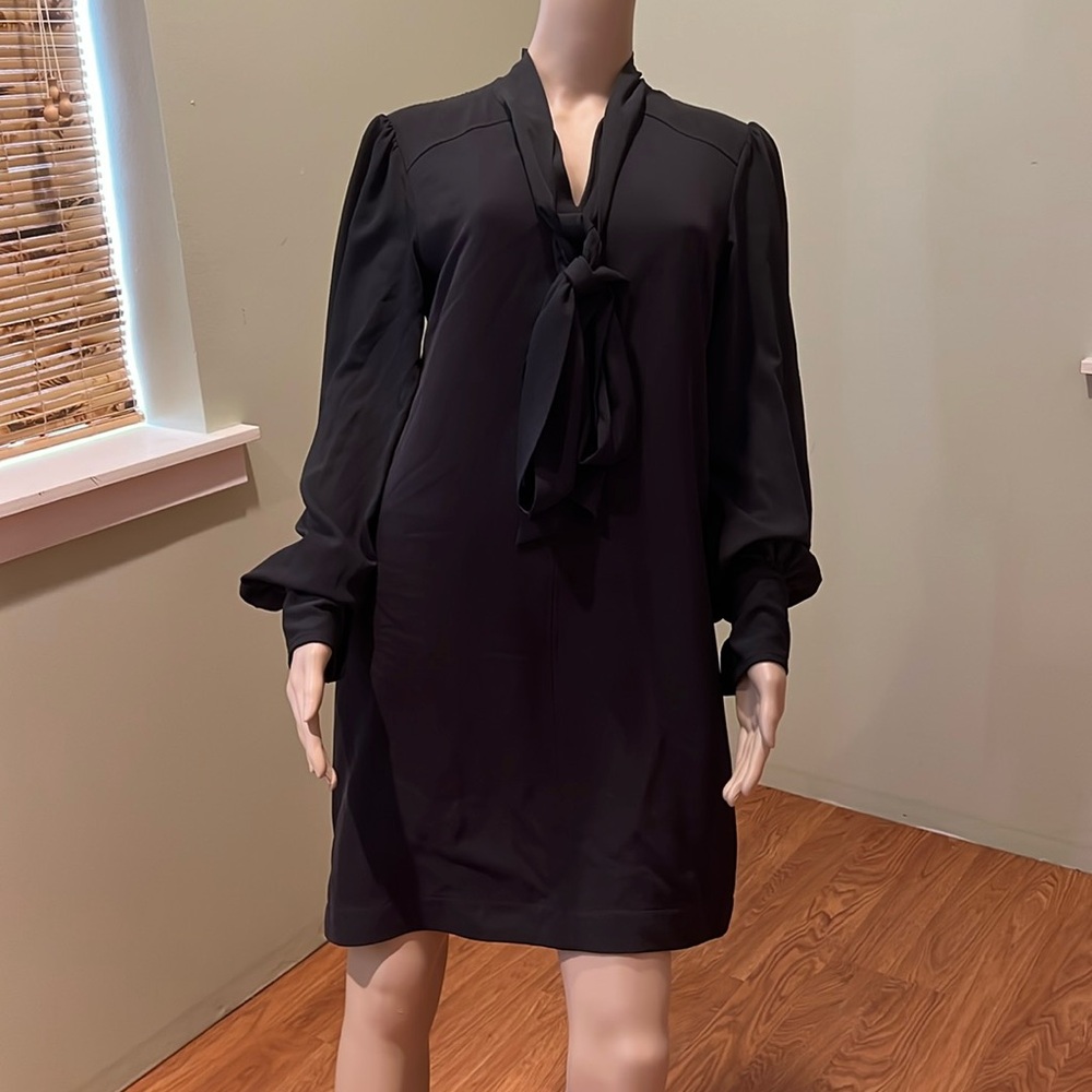 Toccin Black Midi Dress With Two Way Zipper On Back And Tie Neck Front Size 6